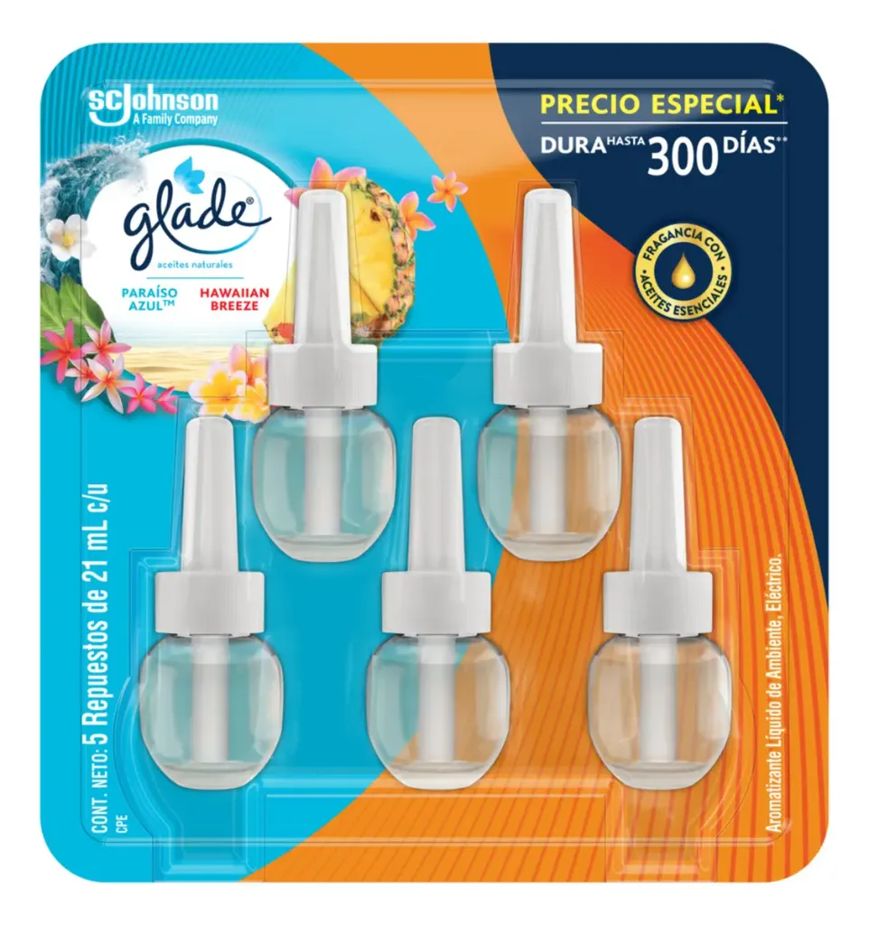 Aromatizante para Hogar Líquido Eléctrico Glade®, Aceites Naturales 5 Repuestos de 21ml cada uno